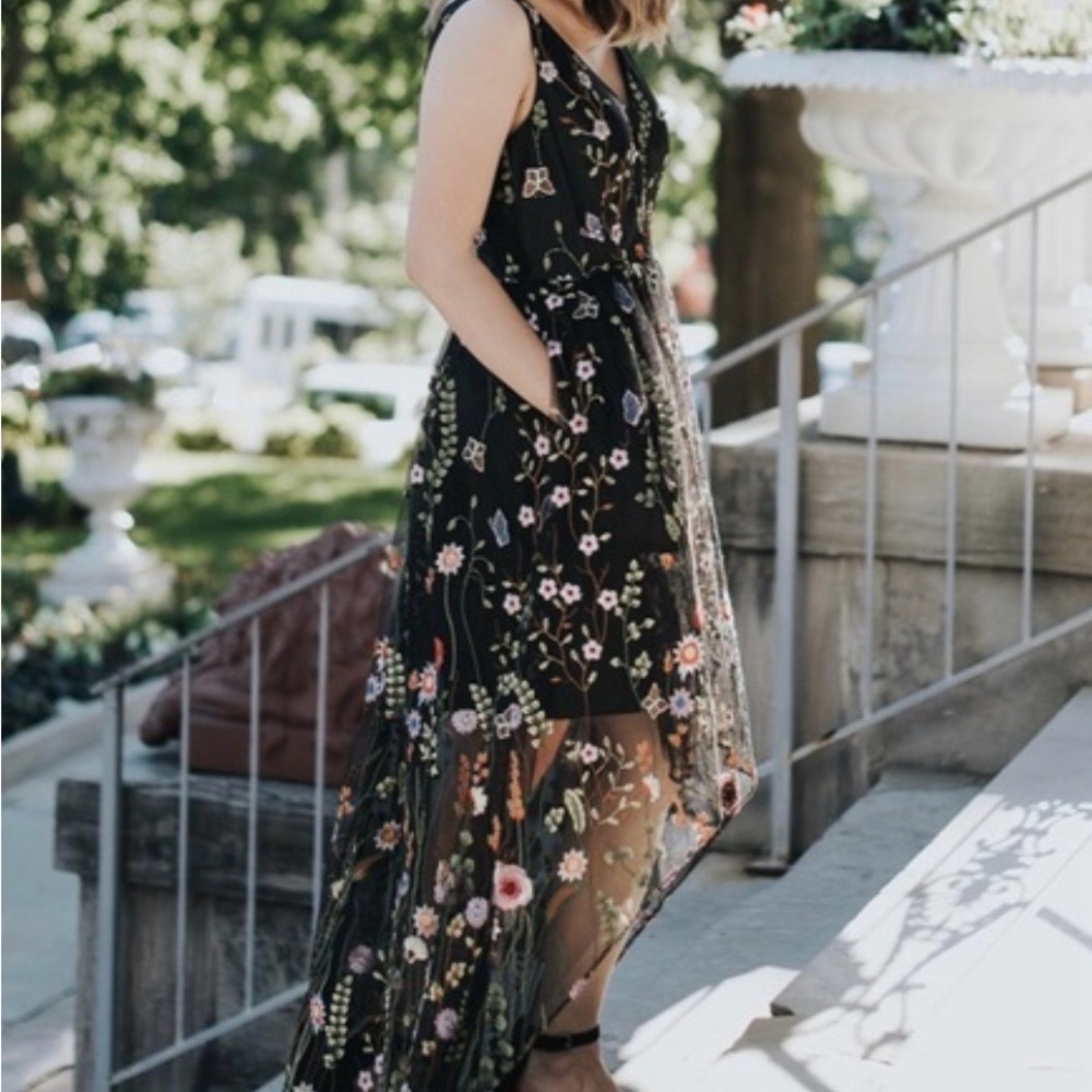 Adrianna Papell Black Embroidered Floral High Low Dress